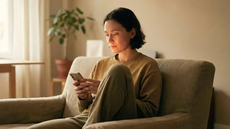 Ondernemer bekijkt lease opties op haar telefoon – leasen met BKR